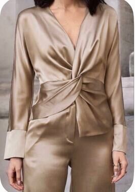 Diomi Twist Front Silk Blouse in Warm Taupe M